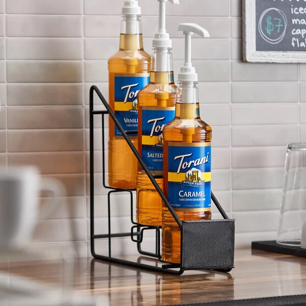 Torani 3-Tier 3-Bottle Black Stainless Steel Wire Rack for 750 mL-1 Liter Flavoring Syrup Bottles