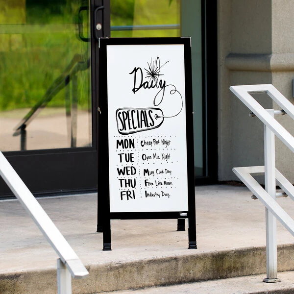 Aarco BA-311SW 42" x 18" Black Aluminum Narrow A-Frame Sidewalk Board with White Porcelain Marker Board