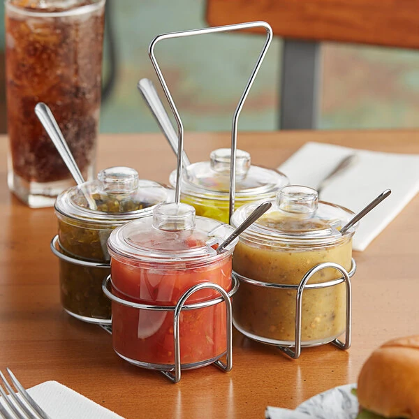Choice 4-Compartment Wire Condiment Caddy with (4) 7 oz. Clear Plastic Jars with Lids