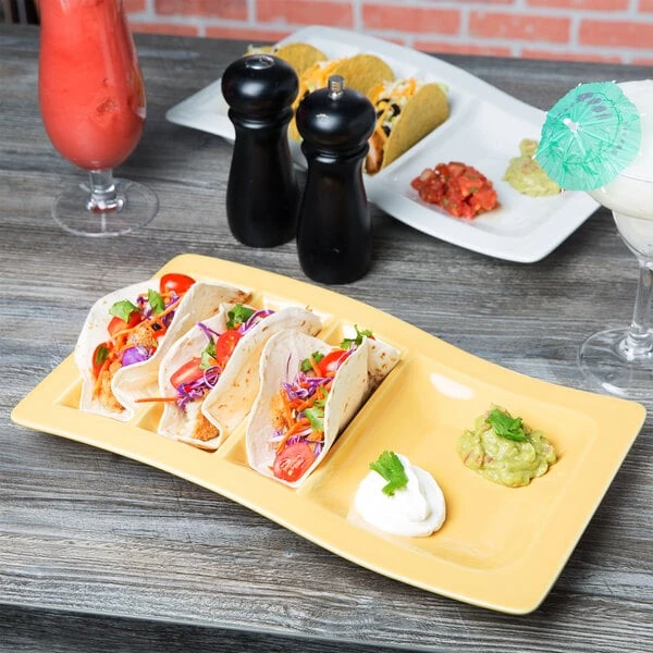 Tuxton Concentrix 14 5/8" x 8 5/8" Saffron Stackable China Taco Plate - 6/Case
