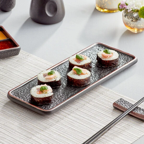 Acopa Heika 11 7/16" x 4 1/2" Black Matte Textured Rectangular Flat Stoneware Plate - 12/Case