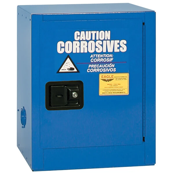Eagle Manufacturing CRA1904X Blue Bench Top Metal Acid / Corrosive Safety Cabinet with Manual-Closing Door, 2 Shelves, and 4 Gallon Capacity
