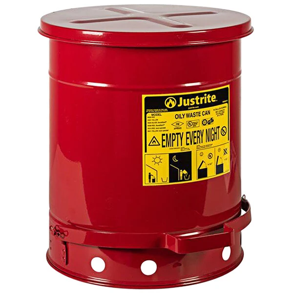 Justrite 10 Gallon Red Hands-Free Oily Waste Can