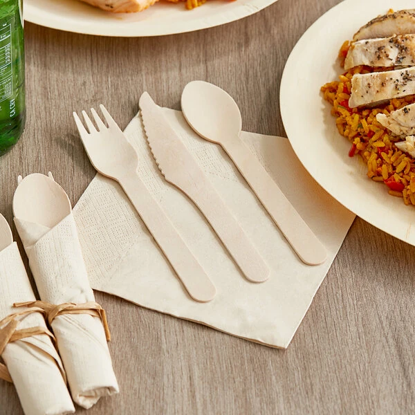 Hoffmaster CaterWrap 12" x 12" Pre-Rolled Natural Kraft Napkin and Wood Cutlery Set - 100/Case
