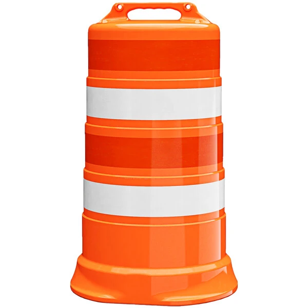 Plasticade® Commander 23 1/2" x 39" Orange High-Density Polyethylene Traffic Drum with (4) 4" Engineer-Grade Sheeting Strips 456-HD-T-00