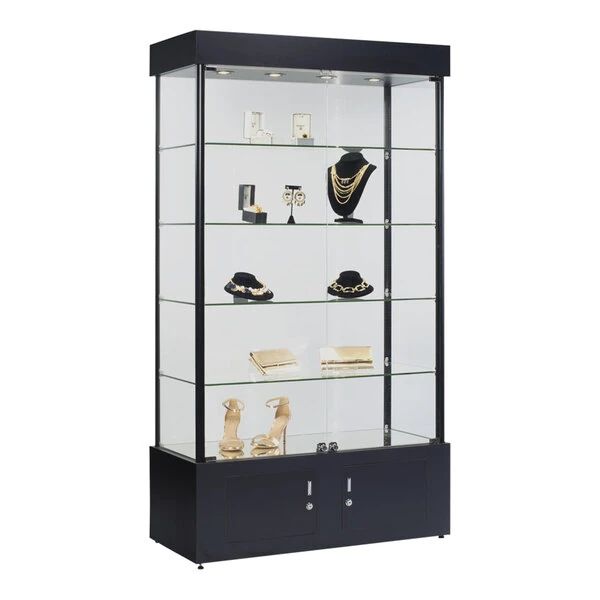 40" x 18" x 73" Black Glass 4-Shelf Display Showcase with Low-Profile LED Lights