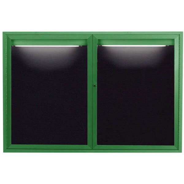 Aarco ADC4872IG 48" x 72" Enclosed Hinged Locking 2 Door Powder Coated Green Aluminum Indoor Lighted Message Center with Black Letter Board