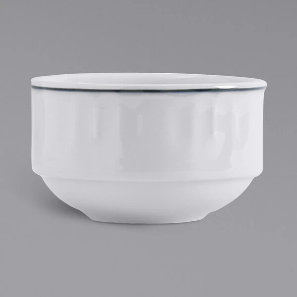 Tuxton TuxTrendz Charleston Bright White 8 oz. Embossed Bouillon China Cup with Blue Band - 36/Case
