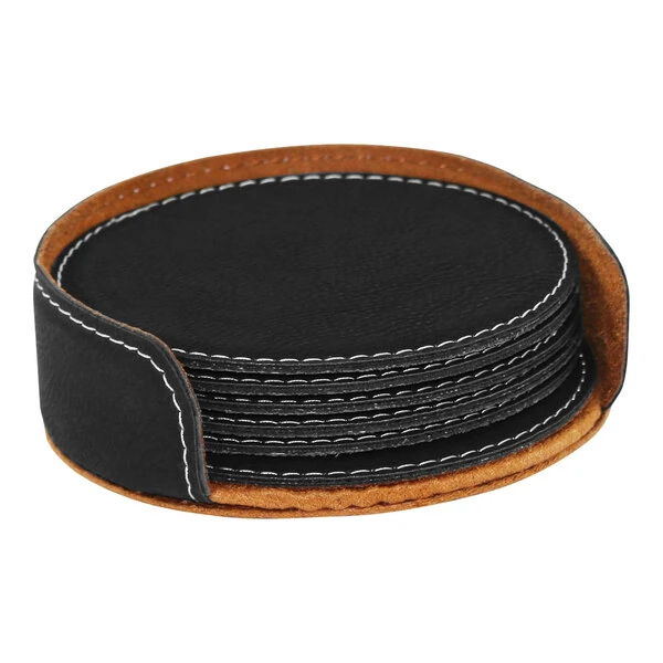 Franmara Suave 3 3/4" Black Round Leatherette Coaster Set with Holder - 6/Set