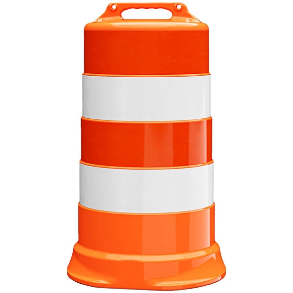 Plasticade® Commander 23 1/2" x 39" Orange High-Density Polyethylene Traffic Drum with (4) 6" Engineer-Grade Sheeting Strips 456-HD-T-08