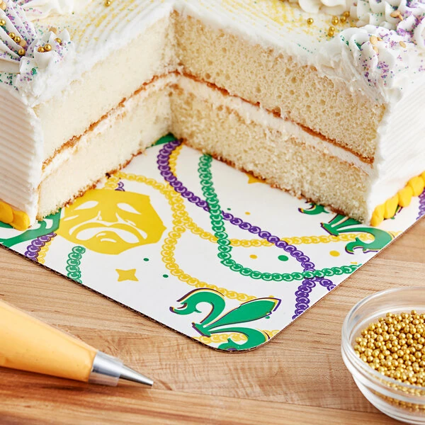 Southern Champion 10" x 10" Square Corrugated Cardboard Cake Pad with Mardi Gras Design - 100/Case