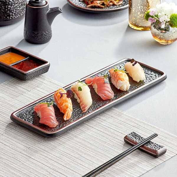 Acopa Heika 13 3/16" x 4 1/2" Black Matte Textured Rectangular Flat Stoneware Plate - 12/Case