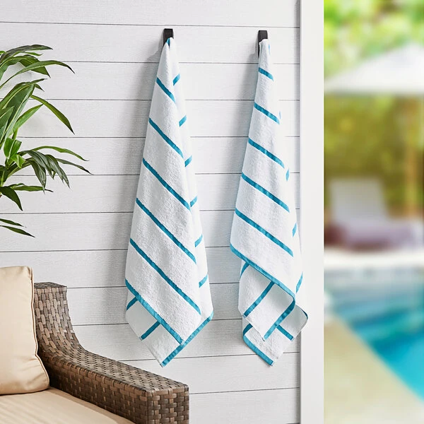 Hospeco Las Rayas 30" x 60" Scuba Blue Stripes Ring-Spun 100% Terry Resort Pool Towel - 15 lb. - 4/Pack