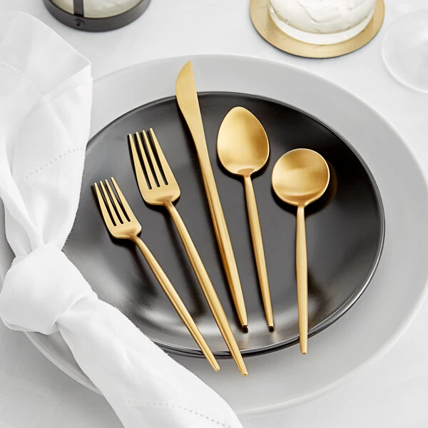 Acopa Odin Gold 18/8 Brushed Stainless Steel Extra Heavy Weight Forged Flatware Set with Service for 12 - 60/Pack