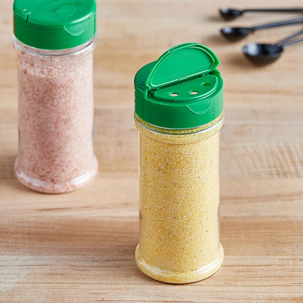 8.4 oz. Round Plastic Spice Container and 53/485 Green Induction-Lined Dual Flapper Lid with 3 Holes - 285/Case
