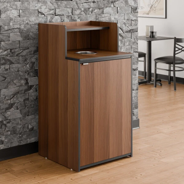 Lancaster Table & Seating Waste 32 Gallon Walnut Waste Receptacle Enclosure with Drop Hole and Tray Shelf