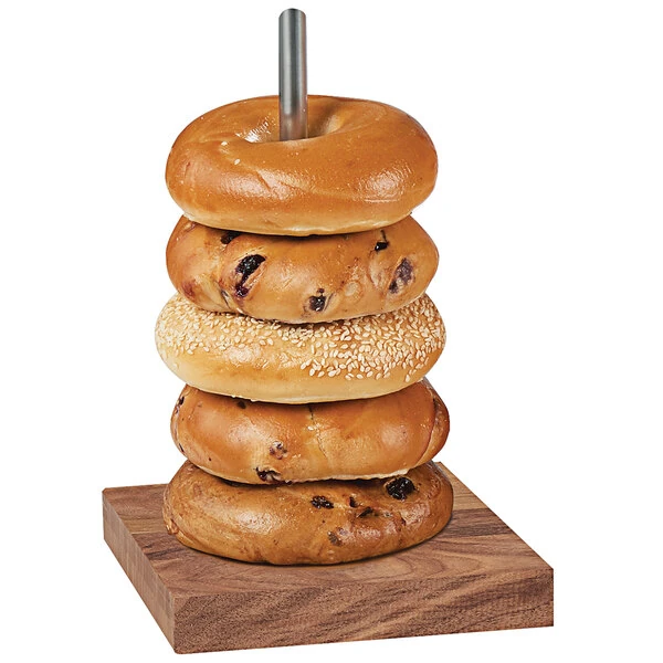 Cal-Mil 22128-49 Mid-Century 6 1/2" Walnut Wood and Chrome Single Pole Bagel Display
