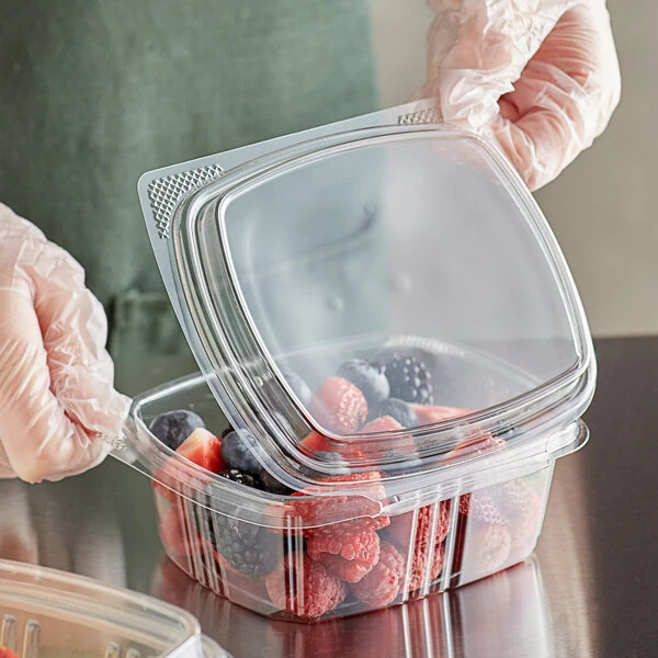 Choice 12 oz. Clear Recycled PET Tall Hinged Deli Container - 200/Case