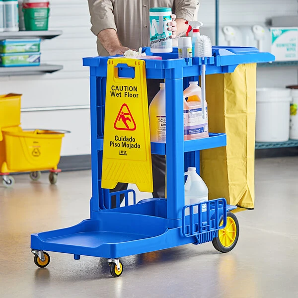 Lavex Premium Blue 3-Shelf Janitor Cart Kit with Yellow Bag, Black Zippered Bag, and Lid