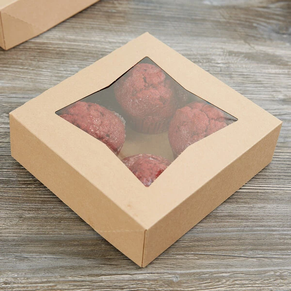 8" x 8" x 2 1/2" Kraft Customizable Auto-Popup Window Bakery Box - 200/Case