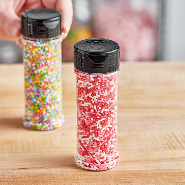 3.75 oz. Round Plastic Spice Container and 43/485 Black Unlined Flip and Sift Lid with 5 Holes - 460/Case