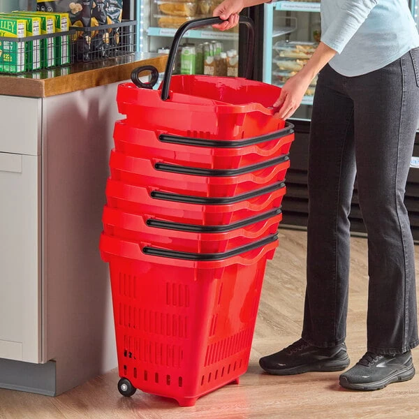 Regency Red 21 1/4" x 16 1/2" Plastic Grocery Market Shopping Basket with Wheels
