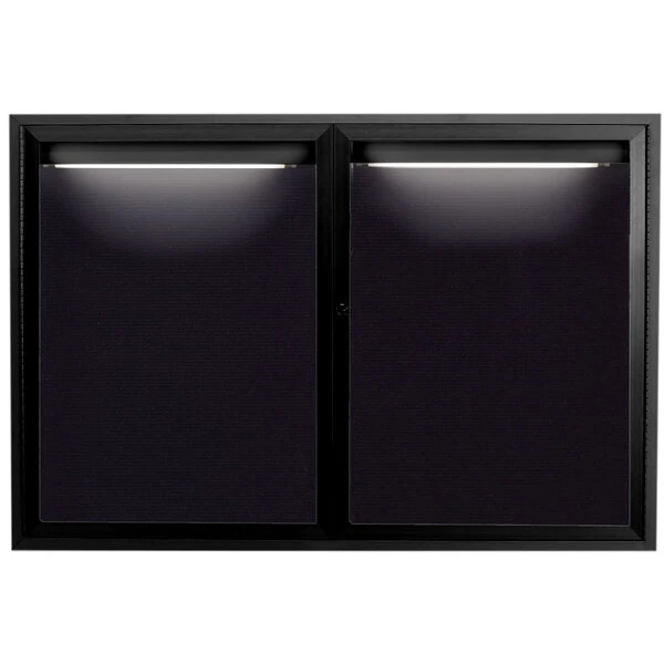 Aarco ADC4872IBK 48" x 72" Enclosed Hinged Locking 2 Door Powder Coated Black Aluminum Indoor Lighted Message Center with Black Letter Board