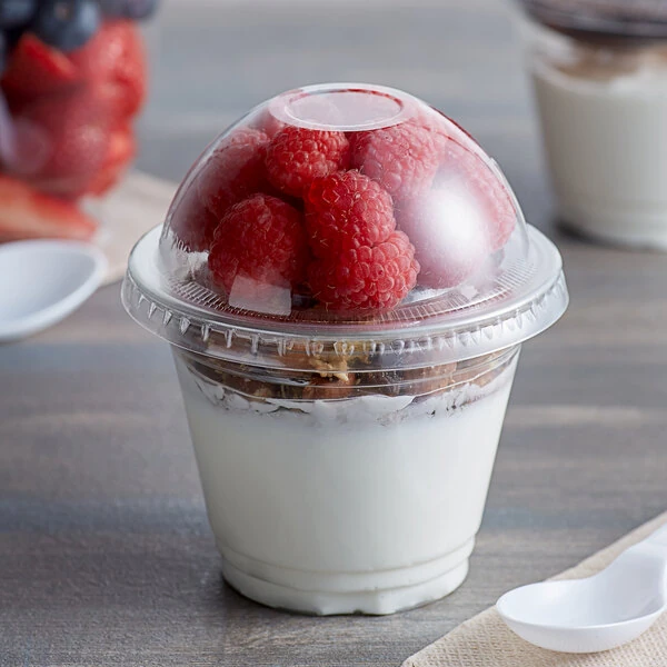Choice 9 oz. Clear Plastic Squat Cold Cup with 4 oz. Insert and PET Dome and Flat Lids with No Hole - 100/Case