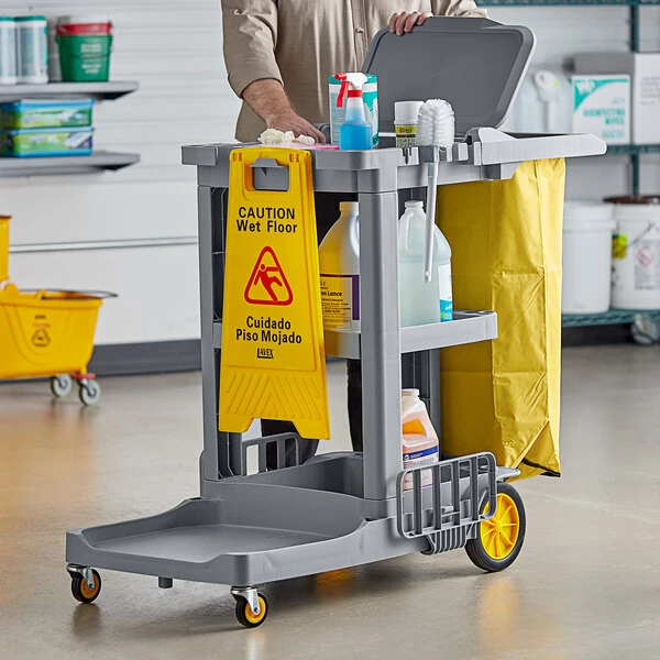 Lavex Premium Gray 3-Shelf Janitor Cart Kit with Yellow Bag, Black Zippered Bag, and Lid