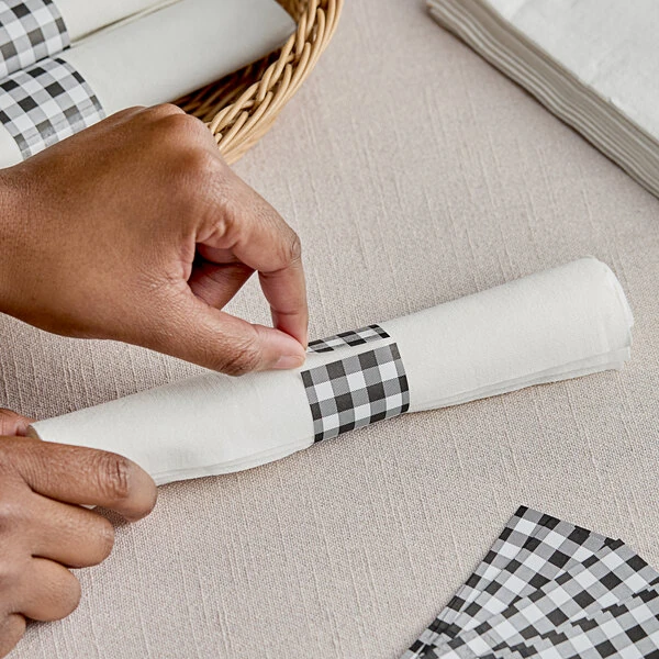 Choice Black Gingham Self-Adhering Paper Napkin Band - 2,000/Pack