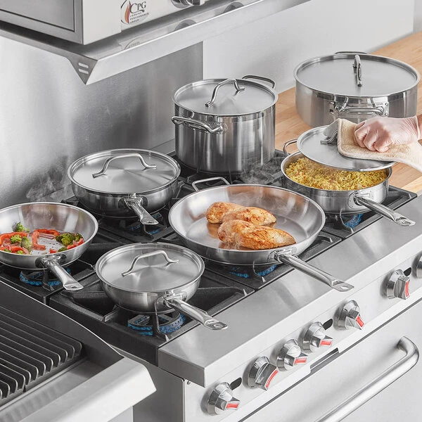 Vigor SS1 Series 12-Piece Induction Ready Stainless Steel Cookware Set with 2 Saucier Pans, 3 Qt. Saute, 10 Qt. Brazier, 2 Fry Pans, and 8 Qt. Stock Pot
