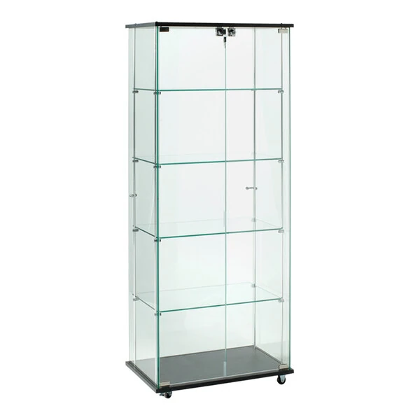 24" x 15 3/4" x 62" Frameless Glass 4-Shelf Tower Display Showcase with Hinged Glass Doors and Casters