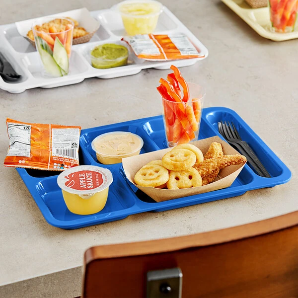 Choice 10" x 14" Right Handed Heavy-Duty Melamine NSF Blue 6 Compartment Tray - 12/Pack