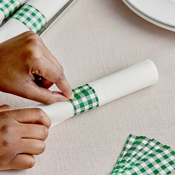 Choice Green Gingham Self-Adhering Paper Napkin Band - 2,000/Pack