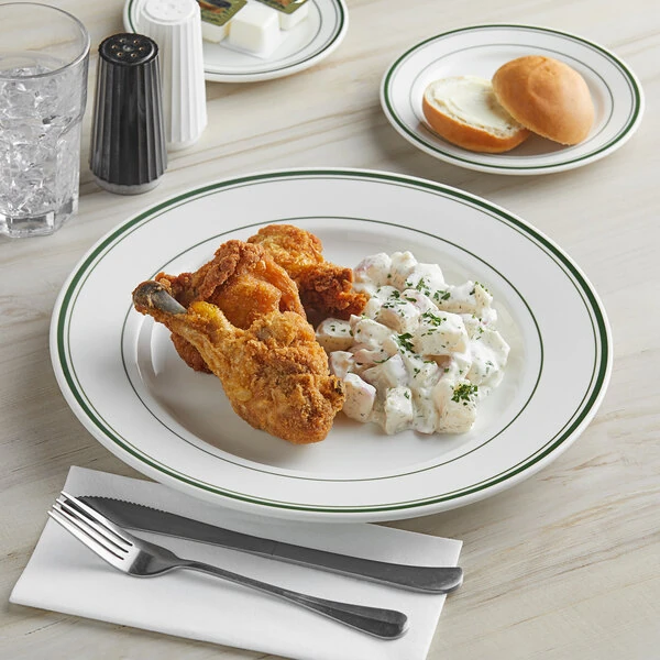 Tuxton TGB-021 Green Bay 12" Eggshell Wide Rim Rolled Edge China Plate with Green Bands - 12/Case