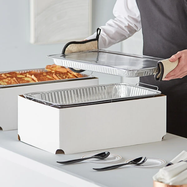 Choice 9 Piece Full Size Disposable Serving / Chafer Dish Kit with a Wire Stand, Deep Pan, Shallow Pan, Lid, Wind Guard, (2) 4 Hour Wick Fuels, and (2) Utensils