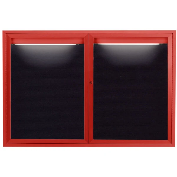 Aarco ADC4872IR 48" x 72" Enclosed Hinged Locking 2 Door Powder Coated Red Aluminum Indoor Lighted Message Center with Black Letter Board