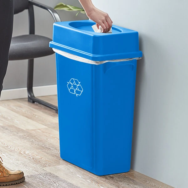 Lavex 16 Gallon Blue Slim Rectangular Recycle Bin with Drop Shot Lid