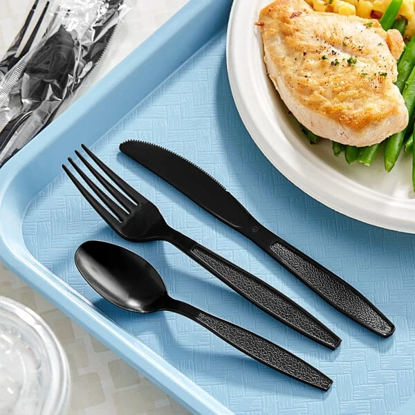 Choice Black Extra Heavy Weight Wrapped Polystyrene Plastic Cutlery Pack - 500/Case