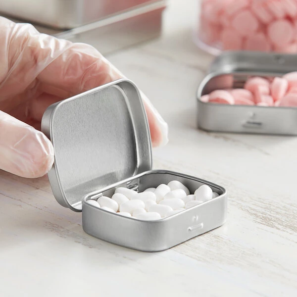 2 5/16" x 1 7/8" x 9/16" Silver Rectangular Tin with Hinged Lid - 720/Case