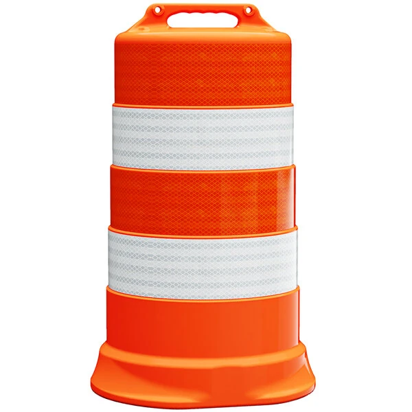 Plasticade® Commander 23 1/2" x 39" Orange Low-Density Polyethylene Traffic Drum with (4) 6" Prismatic-Grade Sheeting Strips 456-LD-T-42