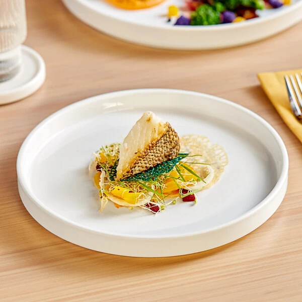 Acopa Lore 9 1/4 inch Bright White Raised Rim Porcelain Plate - Sample