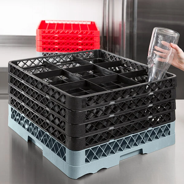 Noble Warewashing 9-Compartment Gray Full-Size Glass Rack with 4 Black Extenders