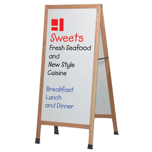 Aarco LA5SW 68" x 30" Oak A-Frame Sign Board with White Write-On Porcelain Marker Board