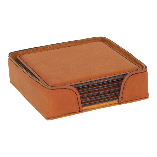 Franmara Suave 3 7/8" Rawhide Square Leatherette Coaster Set with Holder - 6/Set