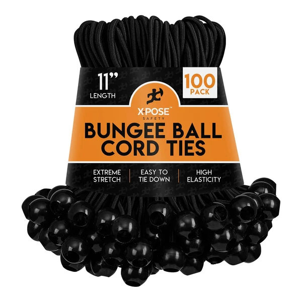 Xpose Safety 11" Black Heavy-Duty Bungee Ball Cords BB-11B-100 - 100/Pack