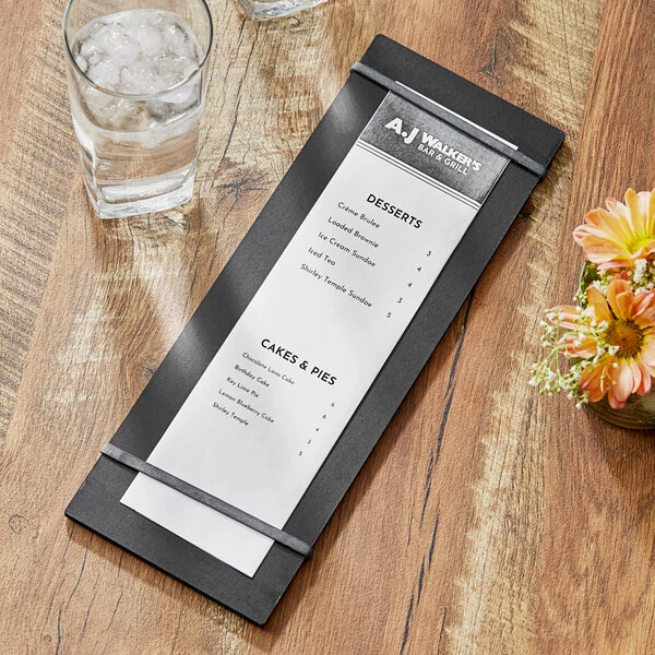 Choice 4 1/2" x 12 1/2" Customizable Black Wood Color Menu Holder / Presenter with Straps