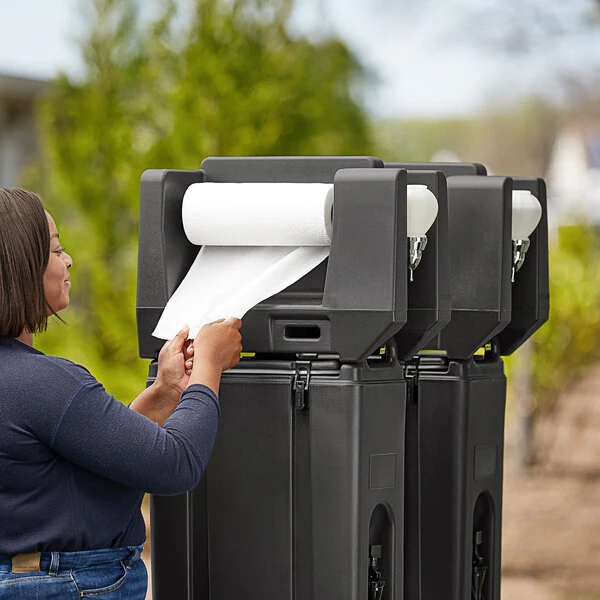 Cambro 4.75 Gallon Black Portable Handwash Station with Soap and Roll Paper Towel Dispenser