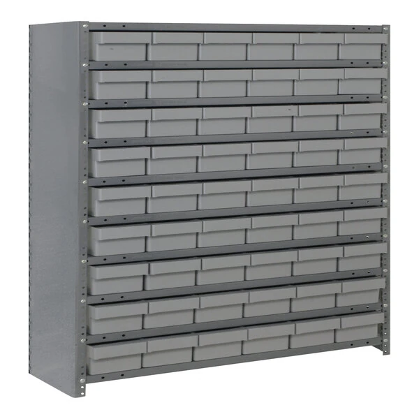 Quantum Super Tuff 36" x 12" x 39" Steel Closed 10-Shelf Euro Drawer Shelving System with (54) 11 5/8" x 5 9/16" x 2 1/8" Gray Bins CL1239-401GY
