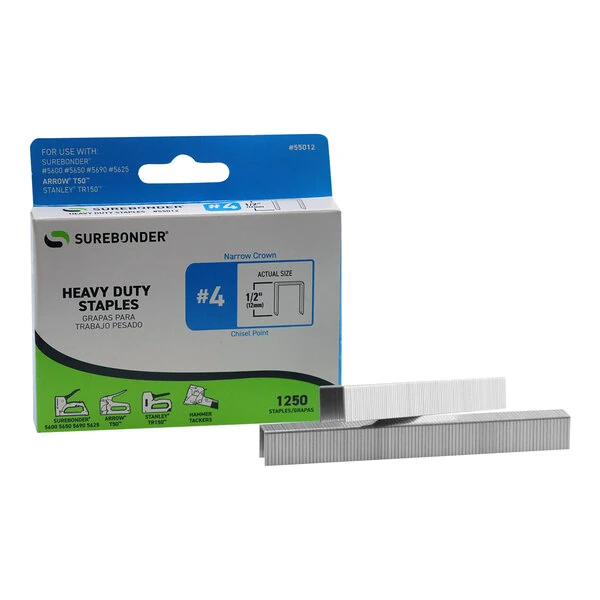 Surebonder 1/2" #4 Heavy-Duty Narrow Crown Staples 1,250-Count 55012 - 50/Case